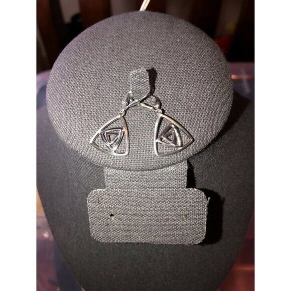 925 Sterling Silver Two Triangle Shape Dangle Drop Earrings - Picture 2 of 7